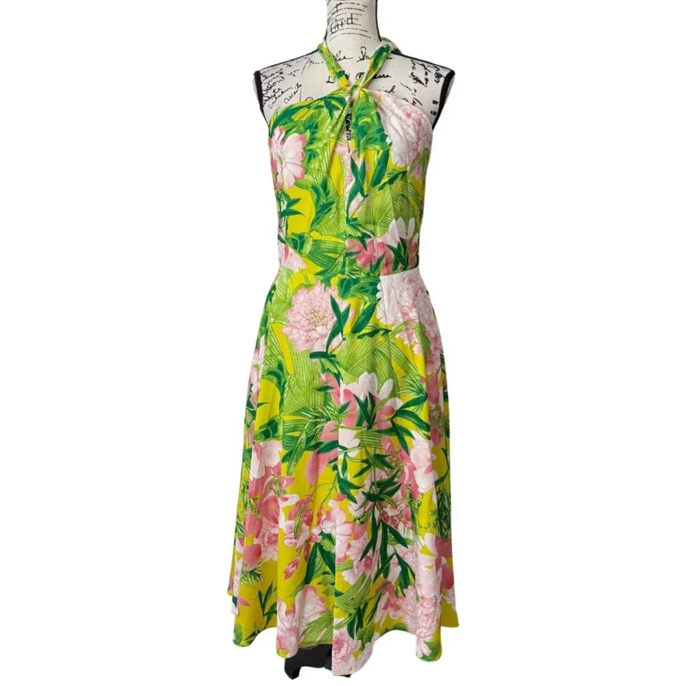 Natori Womens Size 6 Passion Peony Floral Halter Dress Tropical Green Pink NEW - Picture 1 of 7